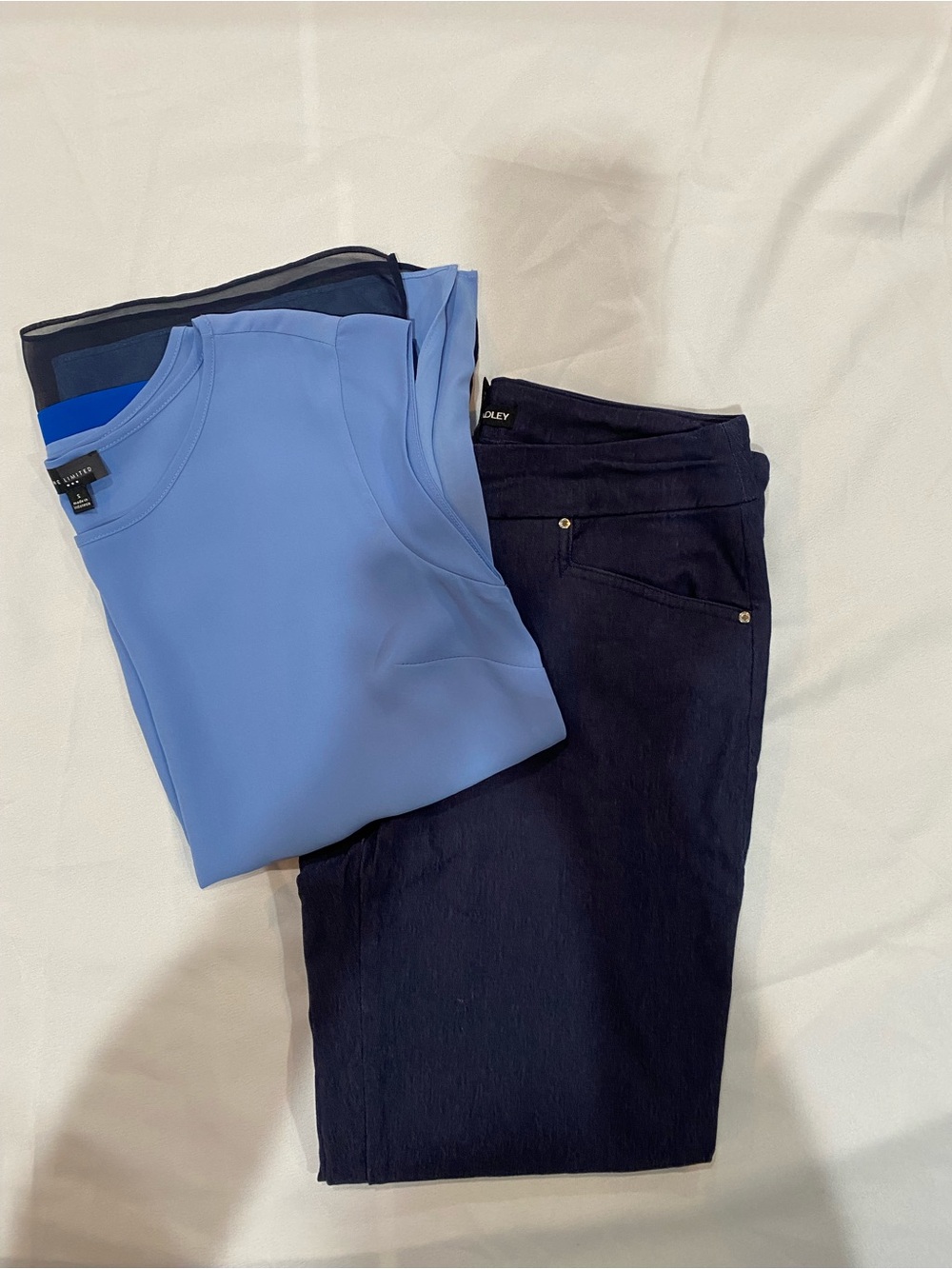 Office style Hillary Radley medium Crop Pants. Limited size small blue shirt.
